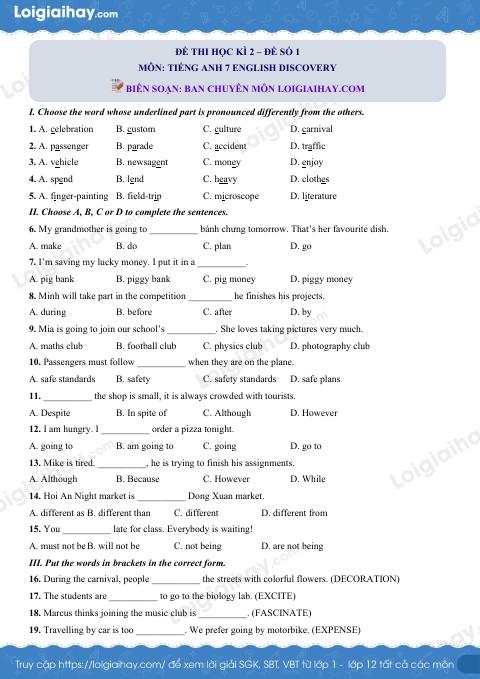 Đề thi học kì 2 Tiếng Anh 7 English Discovery - Đề số 1